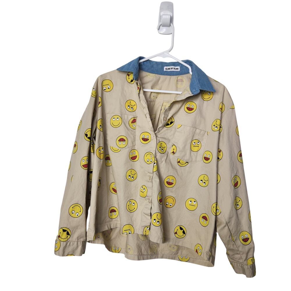 Sline By Sline Beige Pockets Long Sleeve Mini Emojis Casual Button Up Shirt XL